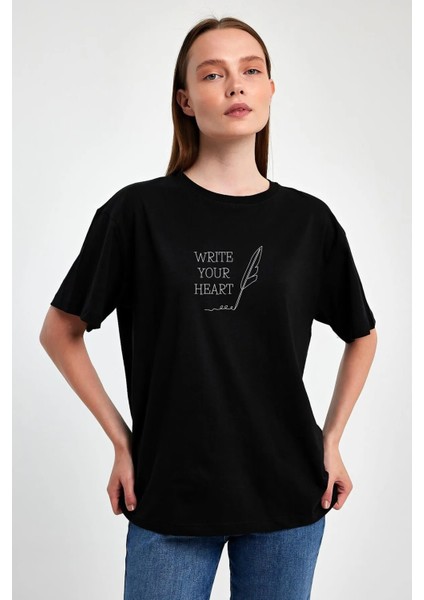 Unisex Oversize Baskılı Sıfır Yaka Tshirt