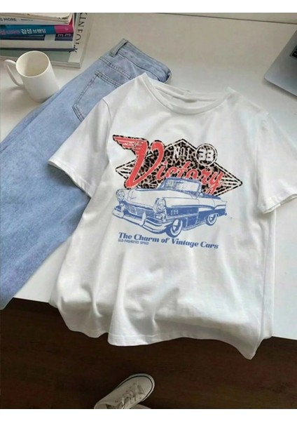 Vintage Araba Baskılı Bisiklet Yaka Pamuklu Beyaz Kadın/erkek Unisex Oversize Tshirt