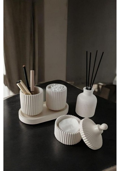 Dekoratif Standlı 5 Parça Çok Amaçlı Makyaj Organizeri, Makyaj Pamuğu, Kulak Çöpü, Diş İpi Kutusu, B