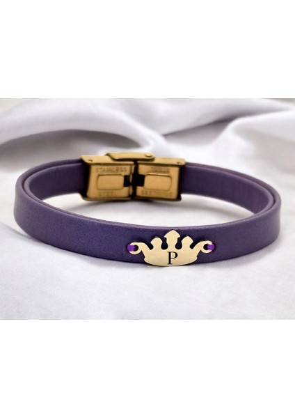 Altın Plakalı 14 Ayar P Harfine Özel Taç Motifli Koyu Mor Derili Hediye BILEKLIK-636HARF fiyatları