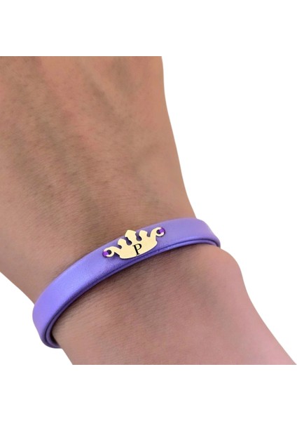 Altın Plakalı 14 Ayar P Harfine Özel Taç Motifli Koyu Mor Derili Hediye BILEKLIK-636HARF fırsatları