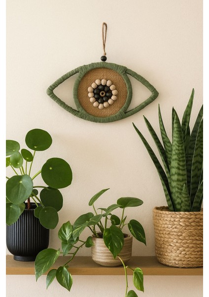 El Yapımı Doğal Malzemeden Yeşil Göz Figürlü Dekoratif Duvar Süsü