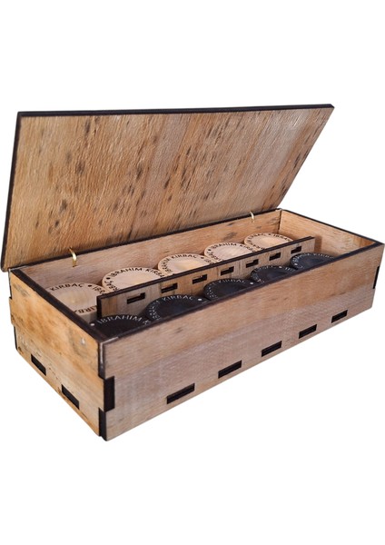 Kişiye Özel Isimli Ahşap Tavla Pul Seti ve Vintage Isme Özel Doğal Kavak Ahşap Pul Kutusu