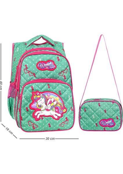 Lisanslı Mint Yeşili Unicorn Desenli Ilköğretim Okul Sırt Çantası ve Beslenme Çantası