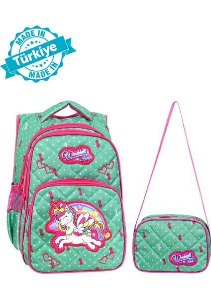 Lisanslı Mint Yeşili Unicorn Desenli Ilköğretim Okul Sırt Çantası ve Beslenme Çantası fiyatları