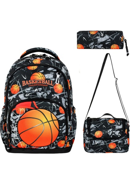 Ultra Lüks Erkek Çocuk Ortopedik Su Geçirmez İlkokul Çantası Termal Beslenme+Kalemlik Basketball Tasarım