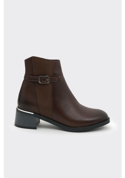 Hakiki Deri Kısa Topuklu Fermuarlı Kadın Bot