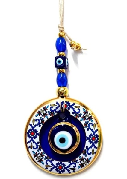 Çini Desenli Nazar Boncuklu Duvar Süsü, Cam El Işçiliği Hediyelik Eşya Altın Yaldızlı Nazar Boncuğu