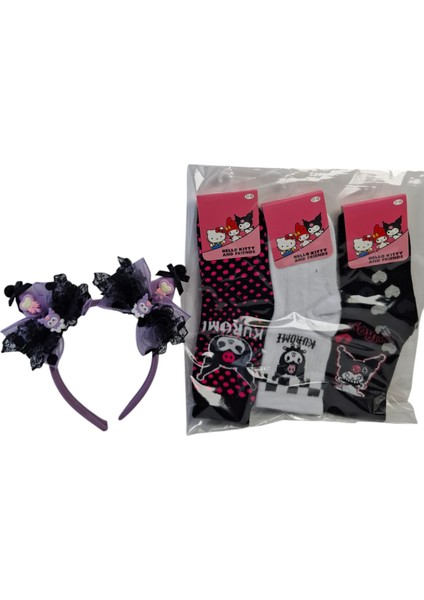 Kız Çocuk Kuromi Taç Saç Toka Kalp Fiyonk Model 3 Renk ve Model Kuromi Çorap 4 Lü Set fiyatları