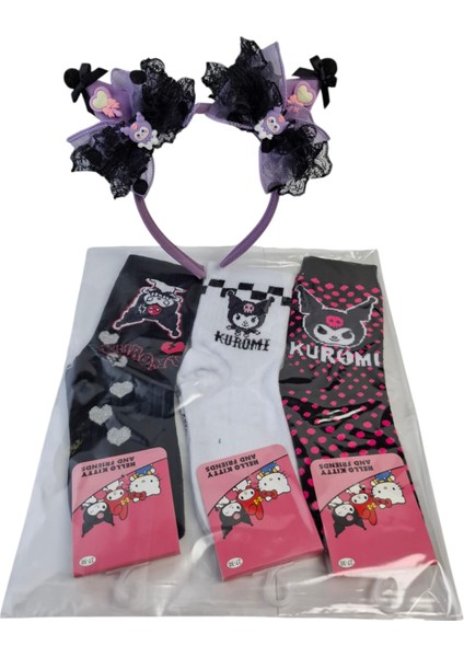 Kız Çocuk Kuromi Taç Saç Toka Kalp Fiyonk Model 3 Renk ve Model Kuromi Çorap 4 Lü Set modelleri