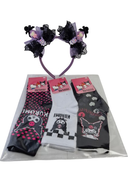 Kız Çocuk Kuromi Taç Saç Toka Kalp Fiyonk Model 3 Renk ve Model Kuromi Çorap 4 Lü Set fırsatları