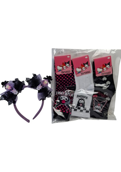 Kız Çocuk Kuromi Taç Saç Toka Kalp Fiyonk Model 3 Renk ve Model Kuromi Çorap 4 Lü Set indirimleri