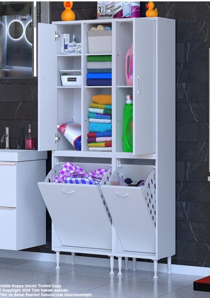 Alaçatı İnci 90 x 160 x 32 3 Kapaklı 5 Raflı Çok Amaçlı Banyo Dolabı Kirli Çamaşır Sepetli Dolap Mutfak Dolabı