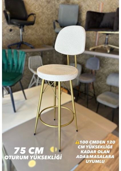 Yeni Vena Bar Sandalyesi Mat(Eskitme)Gold Ekru Teddy Kumaş.75 cm Oturum Yüksekliği