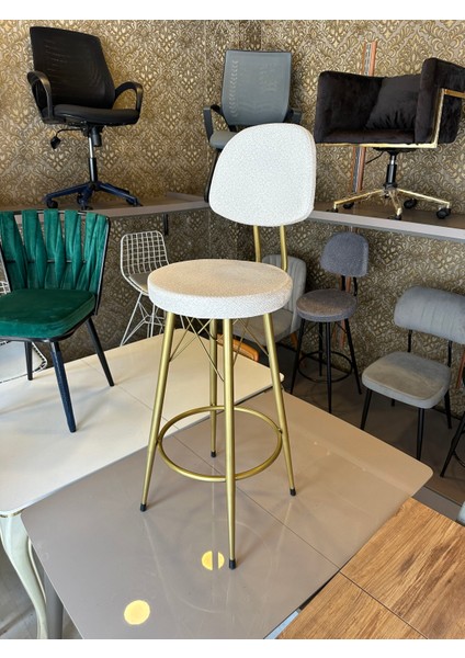 Yeni Vena Bar Sandalyesi Mat(Eskitme)Gold Ekru Teddy Kumaş.75 cm Oturum Yüksekliği fırsatları