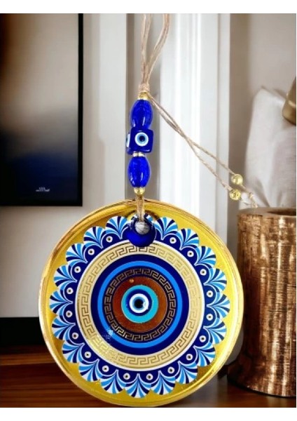 Gold Cam Üzeri Mavi Motifli Nazar Boncuklu Göz Detaylı Duvar Süsü indirimleri