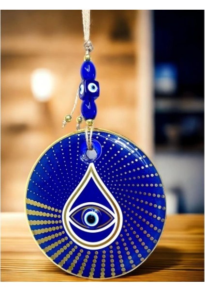 Gold Puantiyeli Mavi Cam Nazar Boncuklu Göz Duvar Süsü