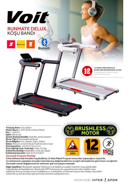 Runmate Delux Koşu Bandı, 20 Kademe Otomatik Eğim, Brushless, Katlanabilir, Bluetooth App, 15km Hız, Programlı modelleri