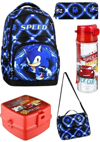 Sonıc Desenli Beşli Erkek Çocuk Ilkokul Sonic Okul Çantası + Termal Beslenme Seti + Kalemlik + Suluk