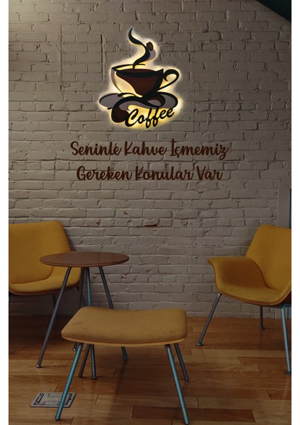 LED Işıklı 2 Katmanlı Kişiye Özel Kahve Fincanı Figürlü Tablo Mutfak ve Cafe Duvar Dekorasyonu