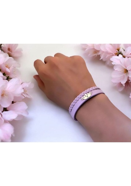 14 Ayar Altın Plakalı S Harfine Özel Doğal Mor Derili Taç Figürlü Hediye BILEKLIK-637HARF