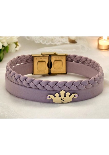 14 Ayar Altın Plakalı S Harfine Özel Doğal Mor Derili Taç Figürlü Hediye BILEKLIK-637HARF fiyatları