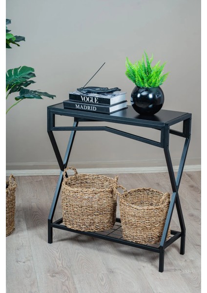 Siyah Metal Gövdeli Dresuar – Ahşap Raflı Dekoratif Antre ve Salon Konsol Masası