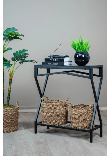 Siyah Metal Gövdeli Dresuar – Ahşap Raflı Dekoratif Antre ve Salon Konsol Masası fiyatları