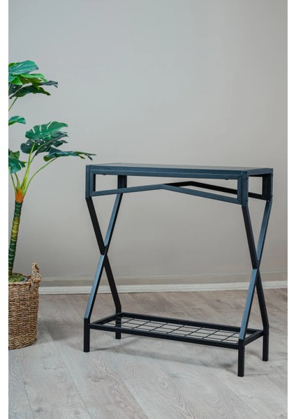Siyah Metal Gövdeli Dresuar – Ahşap Raflı Dekoratif Antre ve Salon Konsol Masası