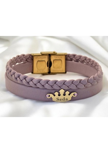 Altın Plakalı 14 Ayar Seda Ismine Özel Doğal Mor Derili Taç Figürlü Hediye BILEKLIK-637ISIM fiyatları