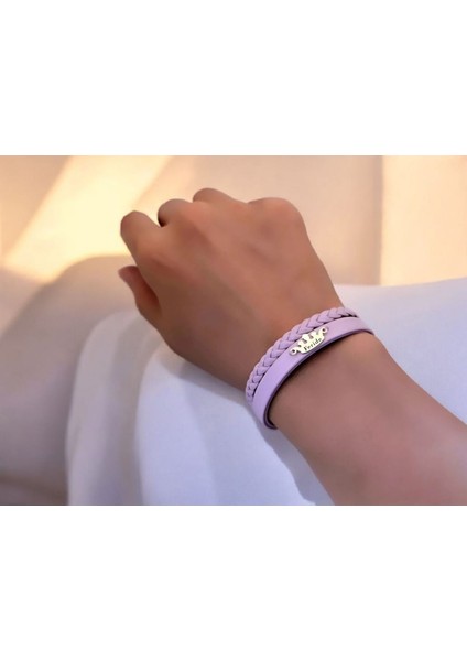 14 Ayar Plakalı Altın Feride Ismine Özel Taç Figürlü Doğal Mor Derili Hediye BILEKLIK-637ISIM