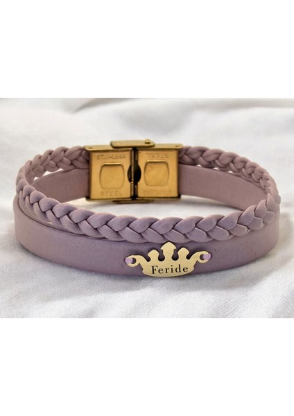 14 Ayar Plakalı Altın Feride Ismine Özel Taç Figürlü Doğal Mor Derili Hediye BILEKLIK-637ISIM fiyatları
