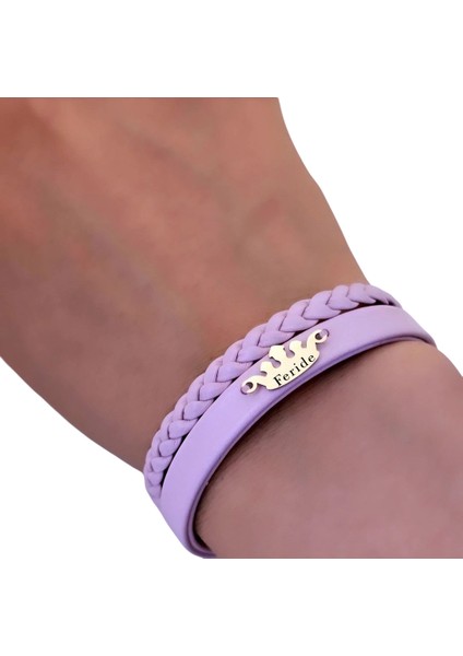 14 Ayar Plakalı Altın Feride Ismine Özel Taç Figürlü Doğal Mor Derili Hediye BILEKLIK-637ISIM fırsatları