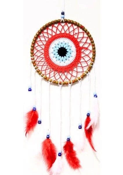 Nazar Boncuğu Motifli Düş Kapanı El Yapımı Kırmızı Duvar Süsü