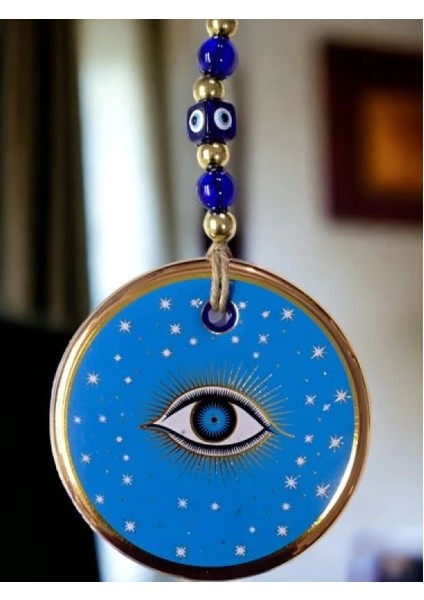 Mavi Renk Yıldız Motifli Gözlü Duvar Süsü Cam Duvar Dekoru