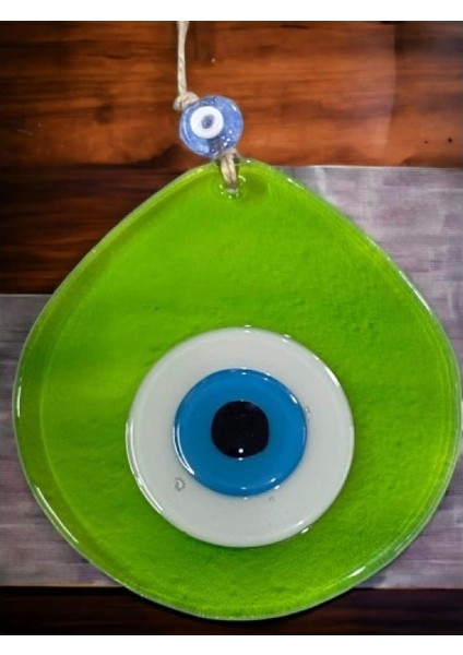 Orta Boy Şeffaf Yeşil Damla Desen Nazar Boncuklu Duvar Dekoru Cam Duvar Süsü