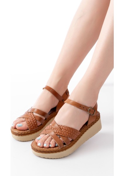 Bayan Sandalet 730-138 Taba Örgü Hakiki Deri Ortopedik Taban Kadın Sandalet
