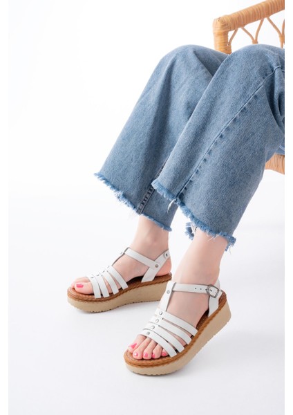 Bayan Sandalet 730-142 Beyaz Hakiki Deri Ortopedik Taban Kadın Sandalet