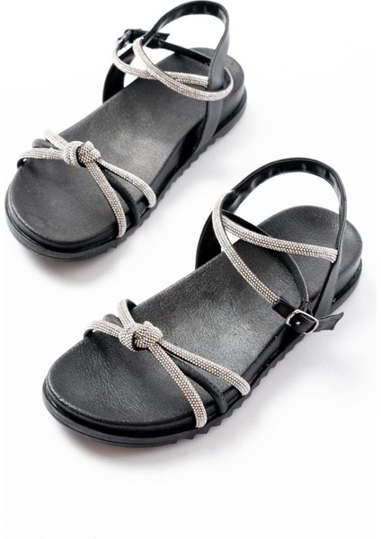 Bayan Sandalet 1001-1120 Siyah Gümüş Taşlı Günlük Kadın Sandalet modelleri