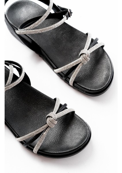 Bayan Sandalet 1001-1120 Siyah Gümüş Taşlı Günlük Kadın Sandalet fırsatları