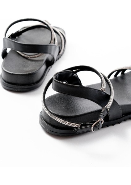 Bayan Sandalet 1001-1120 Siyah Gümüş Taşlı Günlük Kadın Sandalet indirimleri