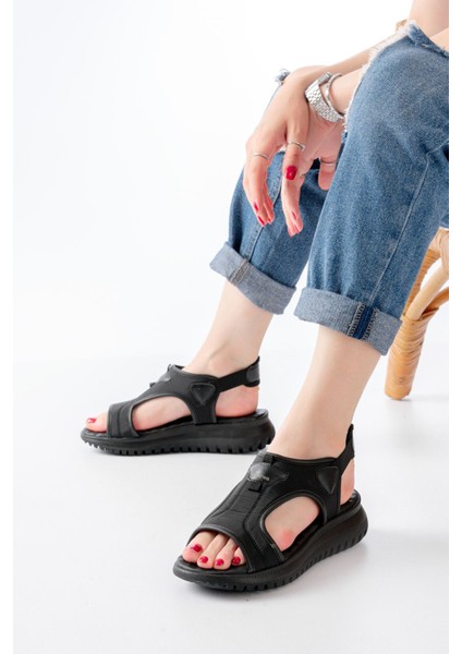 Bayan Sandalet T-221 Siyah Spring Paraşüt Kumaş Lastikli Ortopedik Kadın Sandalet