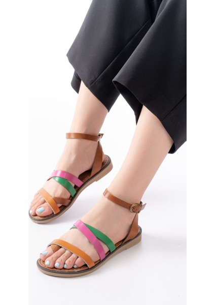 Bayan Sandalet 205-209 Turuncu Multi Hakiki Deri Tokalı Parmak Arası Kadın Sandalet fiyatları
