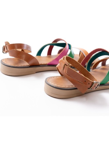 Bayan Sandalet 205-209 Turuncu Multi Hakiki Deri Tokalı Parmak Arası Kadın Sandalet modelleri