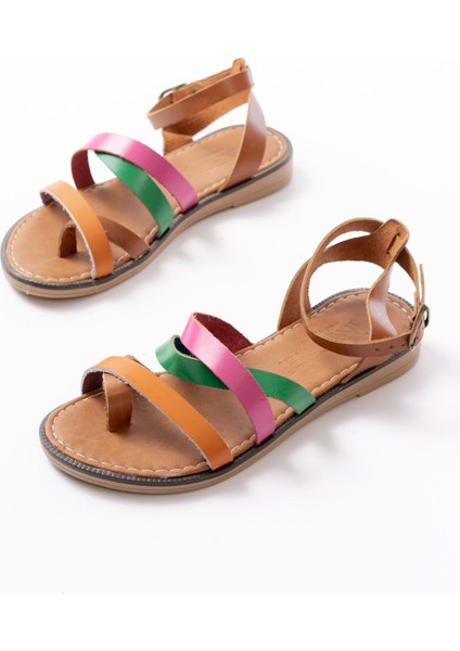 Bayan Sandalet 205-209 Turuncu Multi Hakiki Deri Tokalı Parmak Arası Kadın Sandalet fırsatları