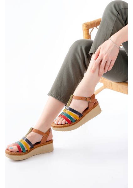 Bayan Sandalet 730-142 Multi Hakiki Deri Ortopedik Taban Kadın Sandalet