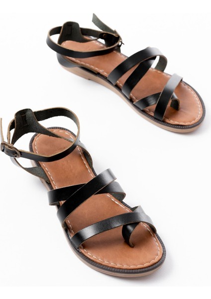 Bayan Sandalet 205-209 Siyah Hakiki Deri Tokalı Parmak Arası Kadın Sandalet fırsatları