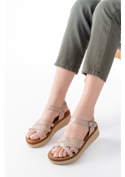 Bayan Sandalet 730-138 Bej Örgü Hakiki Deri Ortopedik Taban Kadın Sandalet