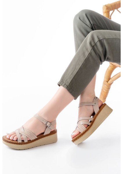 Bayan Sandalet 730-138 Bej Örgü Hakiki Deri Ortopedik Taban Kadın Sandalet fiyatları