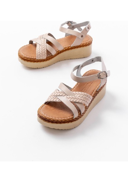Bayan Sandalet 730-138 Bej Örgü Hakiki Deri Ortopedik Taban Kadın Sandalet modelleri